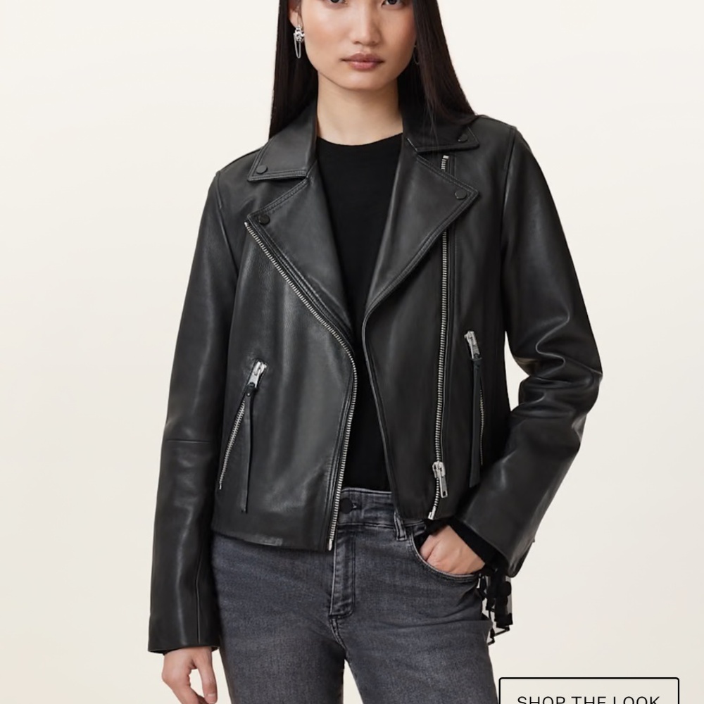 AllSaints Dalby Slim Fit Leather Biker Jacket – Black – 100% Sheep Leather - Picture 2 of 6
